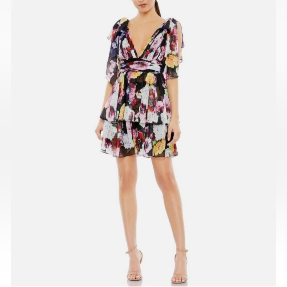 NEW IEENA Mac Duggal Bow Strap Mini Floral Black Pink Red White Dress 55837 Sz 4